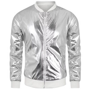 Lars Amadeus Men's Lightweight Metallic Zip Up Shiny Varsity Jacket Silver White